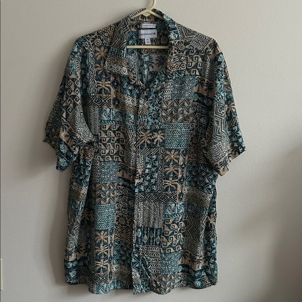 Saddlebred 2XLT Green/Tan Rayon Geometric Patterned Hawaiian Palm Tree Shirt